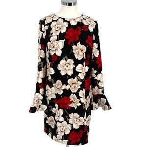 CeCe Floral Long Sleeve Shift Dress Bell Cuff Sleeve Black Red White Size 6